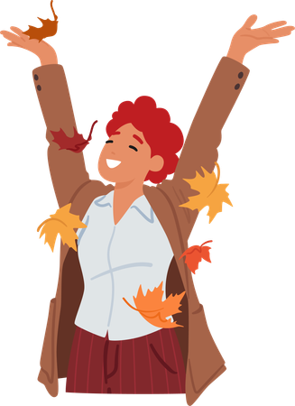 Radiant young woman joyfully tosses up vibrant autumn leaves  Illustration