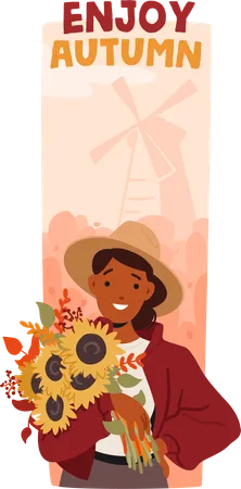 Une jeune femme radieuse berce un vibrant bouquet d'automne,  Illustration