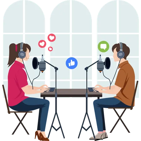 Radio jockey reading news in radio station  Illustration