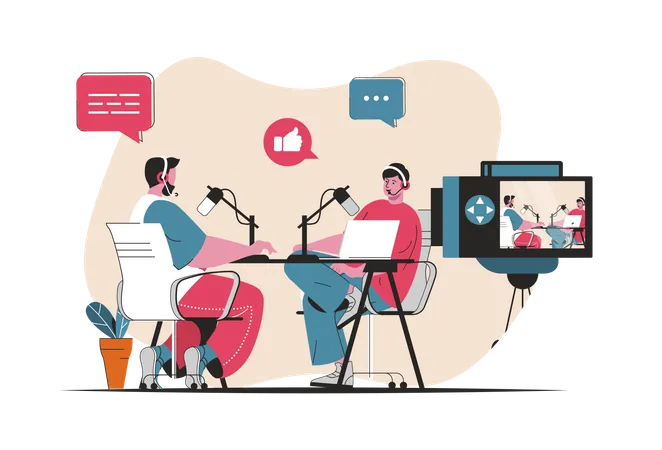 Podcast Streaming Concept Isolated Radio Presenters Talk Into Microphones In Live People Scene In Flat Cartoon Design Vector Illustration For Blogging Website Mobile App Promotional Materials Illustration