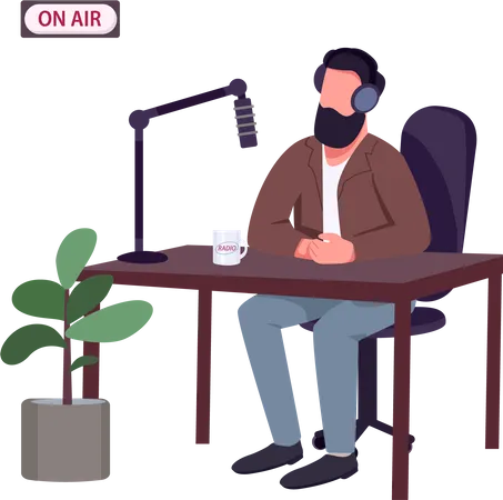 Radio Show Host Flat Color Vector Faceless Character Caucasian Man Talking To Microphone Isolated Cartoon Illustration For Web Graphic Design And Animation Live Podcast Recording Process Illustration