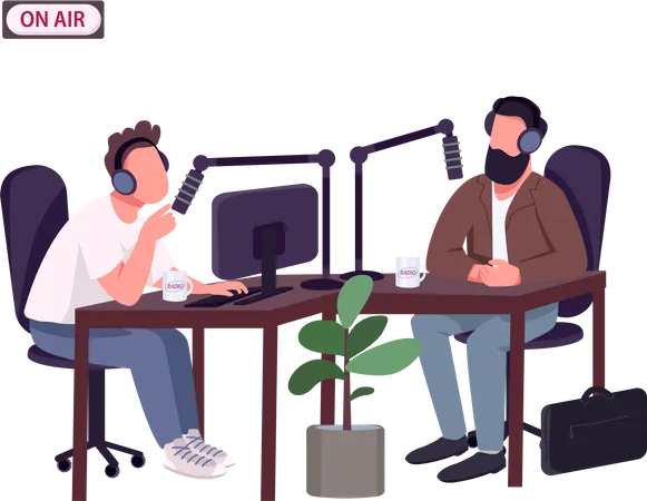 Radio Show Host And Guest Flat Color Vector Faceless Characters Live Interview With Invited Expert Men Talking In Recording Studio Isolated Cartoon Illustration For Web Graphic Design And Animation Illustration