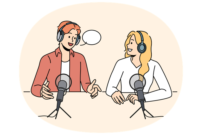 Radio show hosts sit around table with microphones discussing latest news preparing online podcast  Illustration