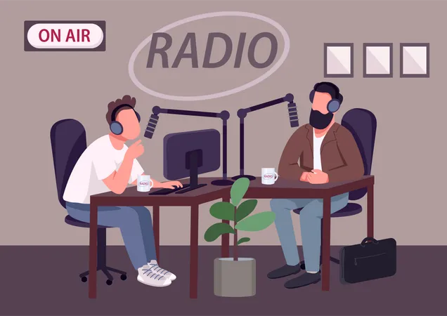 Radio Talk Show Show Flat Color Vector Illustration Chat Show Host And Guest 2 D Cartoon Characters With Studio On Background Live Podcast News Broadcasting Program With Expert Consultation Illustration