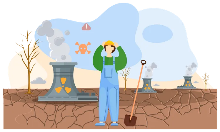 Save Planet Climate Change Concept With Man In Worker S Suit Stands With Shovel On Dry Cracked Ground Harmful Effects Of Human Activity On Planet Air Pollution Deforestation People Destroy Earth Illustration