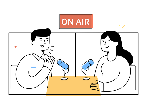 Radiomoderator und Gast sitzen mit Mikrofonen am Tisch und führen ein lebhaftes Interview im Studio  Illustration