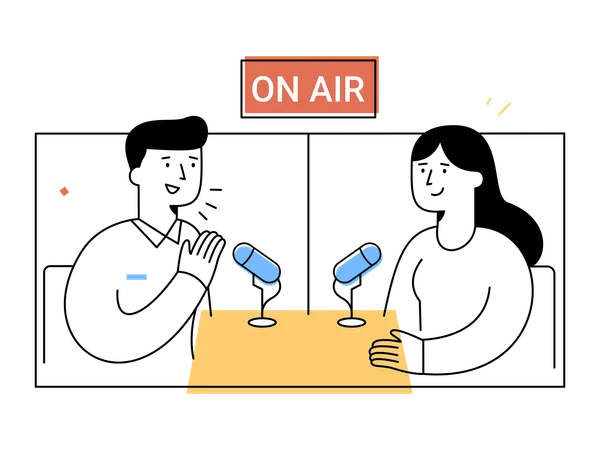 Radiomoderator und Gast sitzen mit Mikrofonen am Tisch und führen ein lebhaftes Interview im Studio  Illustration