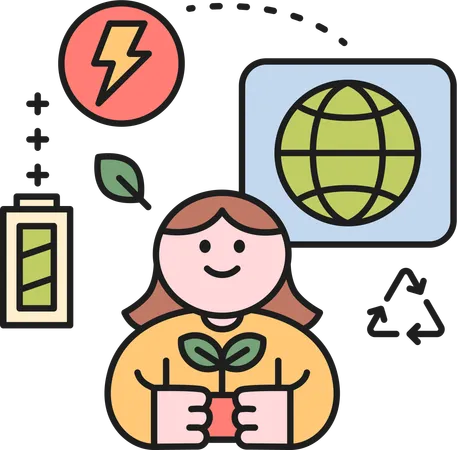 Ragazza che tiene la pianta mentre usa l'energia ecologica  Illustration