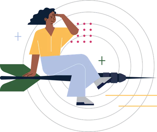 Ragazza che vola sulla freccia del dardo mentre cerca una visione aziendale  Illustration