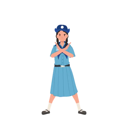 Ragazza scout tailandese in uniforme con le mani incrociate che non fa alcun gesto, no, gesti negativi, opposti  Illustration