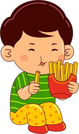 Ragazzo che mangia patatine fritte  Illustration