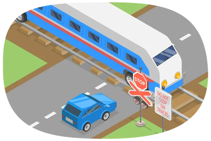 3 D Isometric Flat Vector Illustration Of Railroad Crossing Safe Driving Illustration