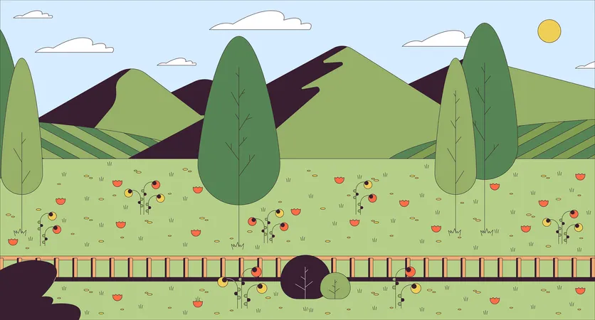 Railroad Hill Cartoon Flat Illustration Railway Hillside 2 D Line Scenery Colorful Background Countryside Rail Line Summer Outdoors Sunny Day Grass Mountains Scene Vector Storytelling Image Illustration