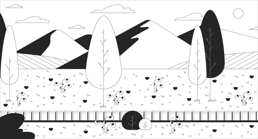 Railroad Hill Black And White Line Illustration Railway Hillside 2 D Scenery Monochrome Background Countryside Rail Line Summer Outdoors Sunny Day Grass Mountains Outline Scene Vector Image Illustration