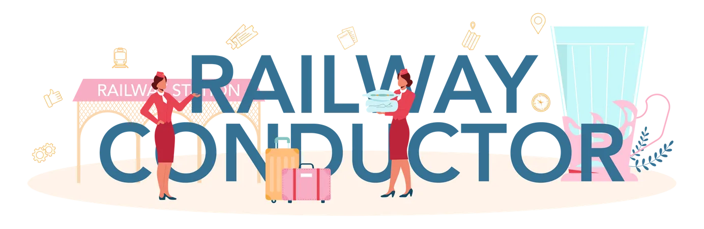 Railway Conductor Typographic Header Railway Worker In Uniform On Duty Train Conductor Help Passenger In Journey Traveling By Train Idea Of Professional Occupation And Tourism Vector Illustration 일러스트레이션