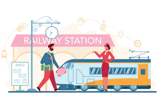 Railway Conductor Set Railway Worker In Uniform On Duty Train Conductor Help Passenger In Journey Traveling By Train Idea Of Professional Occupation And Tourism Vector Illustration Illustration
