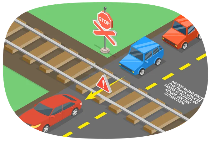 철도 건널목 도로 안전 규칙의 3 D 아이소메트릭 평면 벡터 그림 일러스트레이션