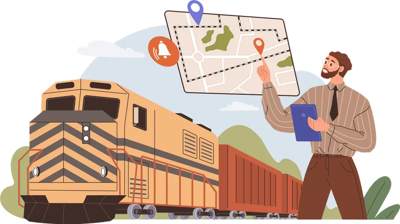 Logistics By Train Parcels Shipping Loading Or Unloading Vector Flat Design Railway Transportation And Shipment Transport Cargo Freight Logistics Logistician Planning Route For Delivery By Train Illustration