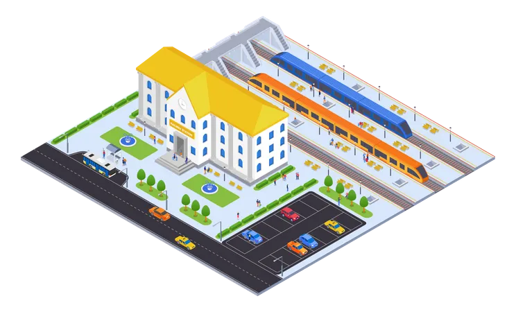 Railway Station Modern Vector Colorful Isometric Illustration Urban Landscape With Platforms Trains Passengers Bus Stop And Parking Lots Developed City Architecture Construction Concept Illustration