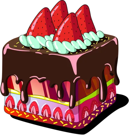 This Vibrant Cake Illustration Features A Rich Chocolate Ganache Dripping Down Multiple Layers Filled With Rainbow Colors And Fresh Strawberry Toppings Perfect For Anyone Looking To Add A Splash Of Color And Sweetness To Their Designs Illustration
