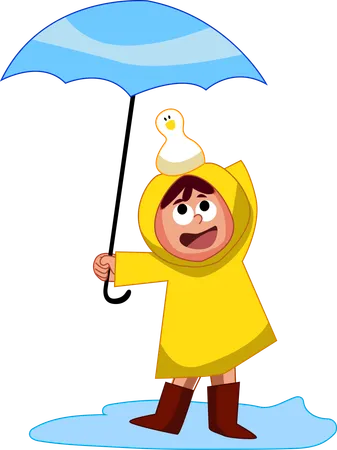 A Young Child Dressed In A Raincoat And Boots Holding An Umbrella With A Duck Handle Standing In A Puddle Capturing The Essence Of Playful Rainy Day Activities Illustration