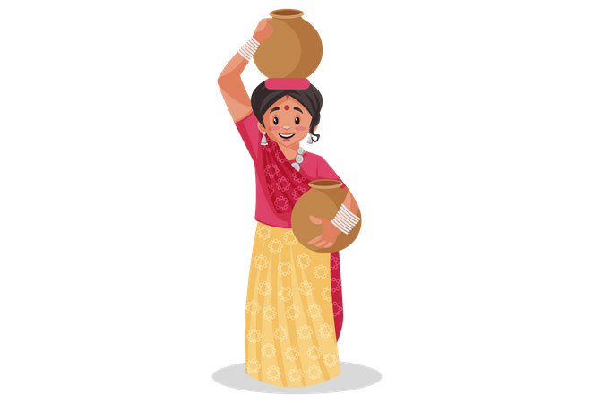 Rajasthani-Frau trägt Tontöpfe mit Wasser  Illustration