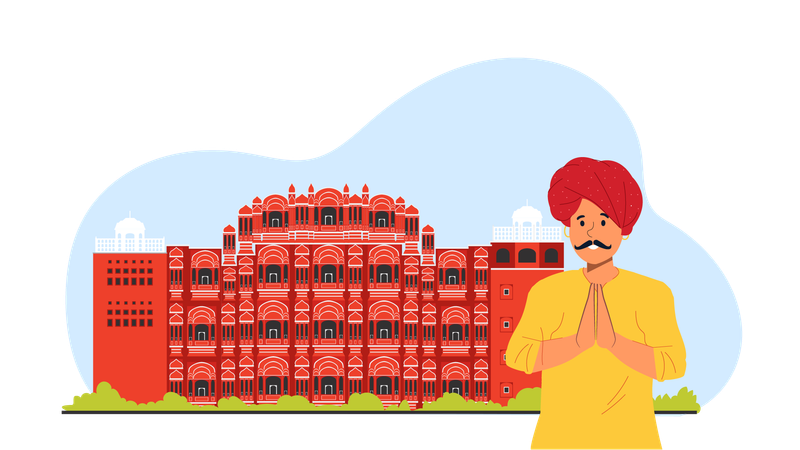 Homme du Rajasthan debout au palais de la ville de Jaipur  Illustration