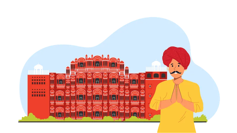 Homme du Rajasthan debout au palais de la ville de Jaipur  Illustration