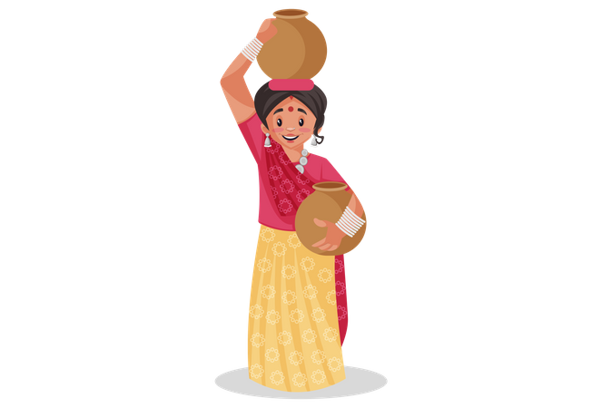 Rajasthani mujer llevando vasijas de barro para el agua  Ilustración