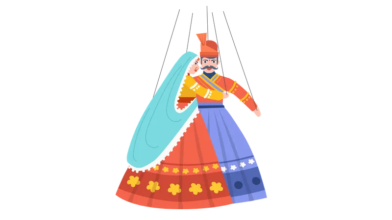 Rajasthani-Puppenspiel unterhält Kinder  Illustration