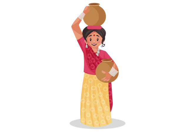Rajasthani woman carrying clay water pots Illustration