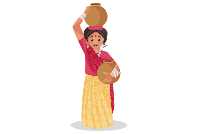 Rajasthani woman carrying clay water pots  Illustration