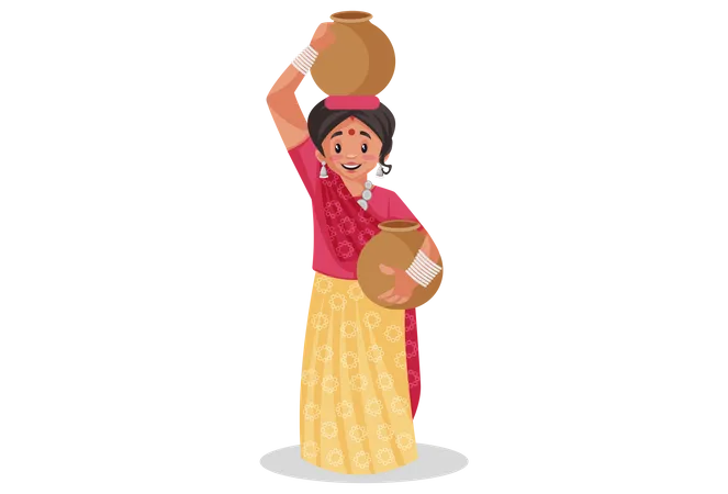 Rajasthani woman carrying clay water pots  Illustration