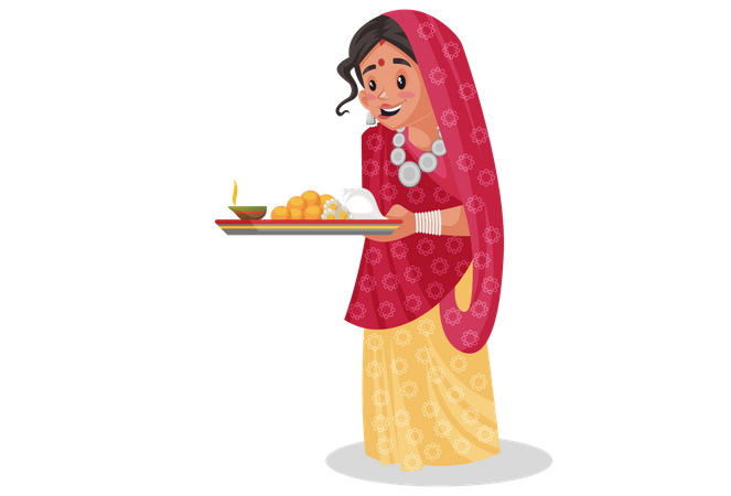 Rajasthani woman doing worship of god  Illustration