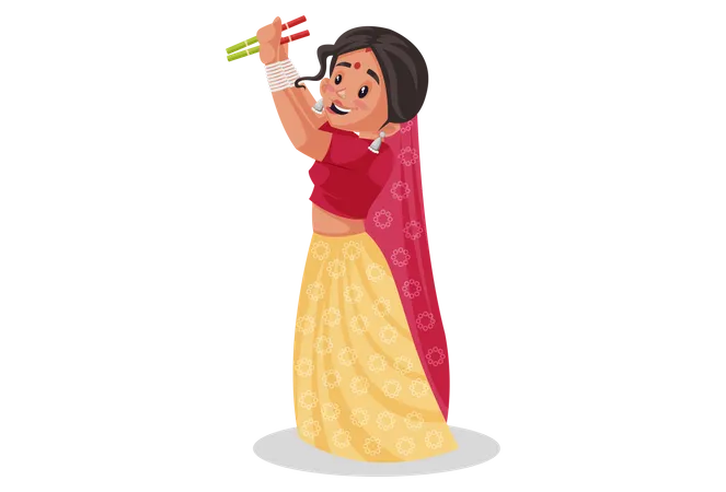 Rajasthani woman holding wooden sticks Illustration