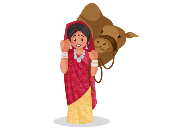 Rajasthani woman is standing with camel Illustration