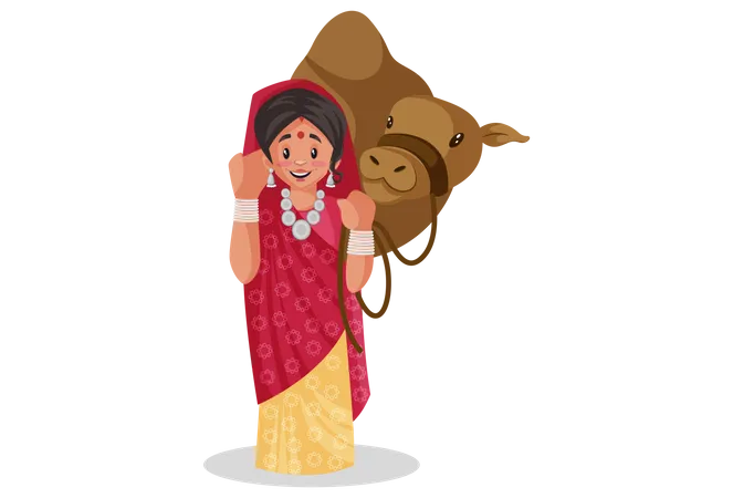 Rajasthani woman is standing with camel  Illustration