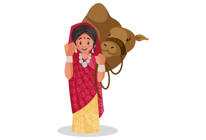 Rajasthani woman is standing with camel  Illustration