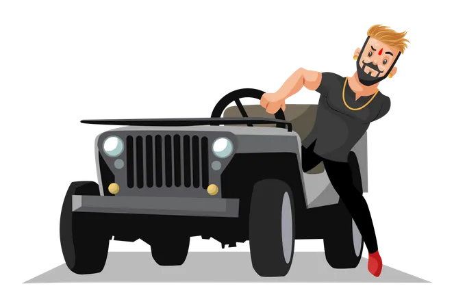 Rajput standing with the jeep Illustration