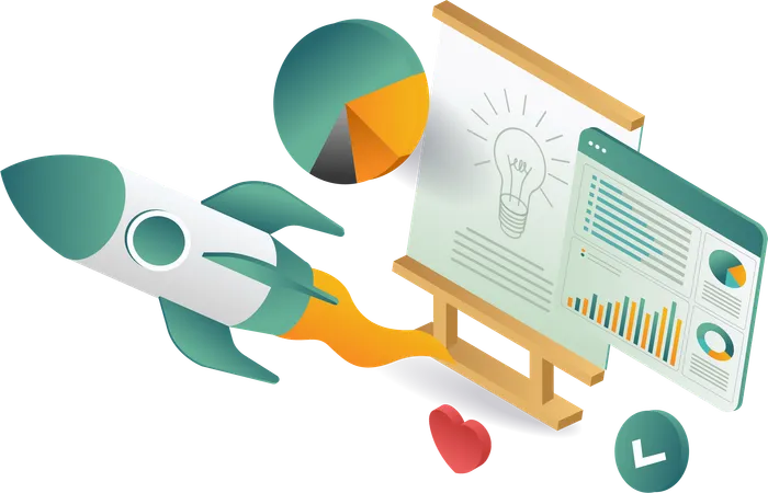 Rakete schwebt über Bord und zeigt Diagramm und Graphik an  Illustration