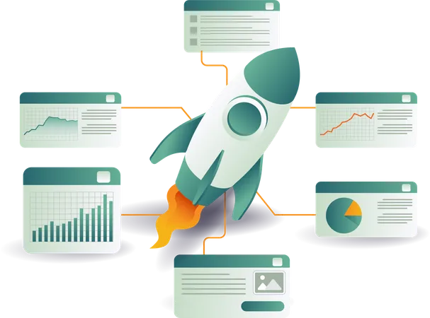 Raketenstart mit Geschäftsdiagrammen und Grafiken  Illustration