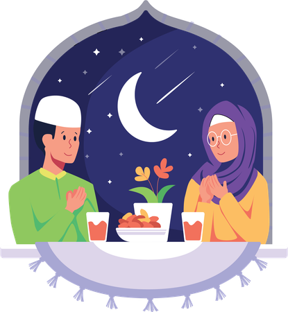 Couple de Ramadan faisant la prière de l'iftar  Illustration