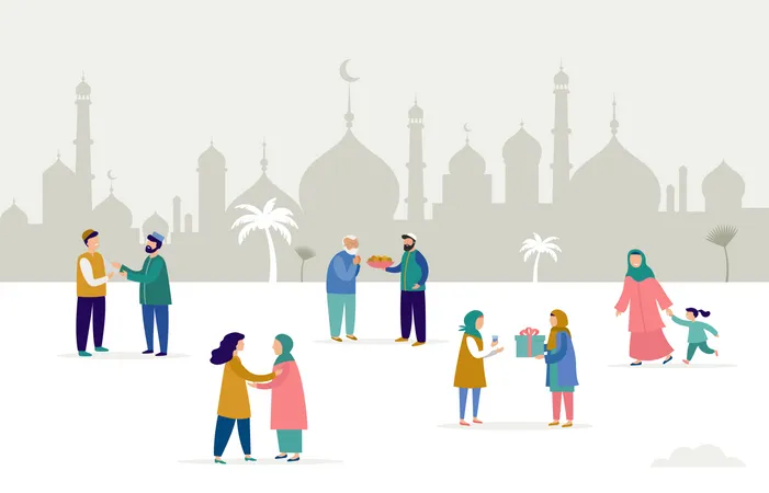 Ramadan Kareem, Eid mubarak, greeting card and banner with many people, giving gifts, food. Men, women and children walking on the street. Islamic holiday background. Vector illustration Illustration
