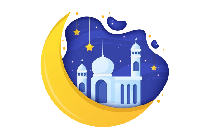 Ramadan Kareem Mit Moschee Laternen Und Mond Auf Flachem Hintergrund Vektorgrafik Fur Den Religiosen Feiertag Islamisches Eid Fitr Oder Adha Fest Banner Oder Poster Illustration