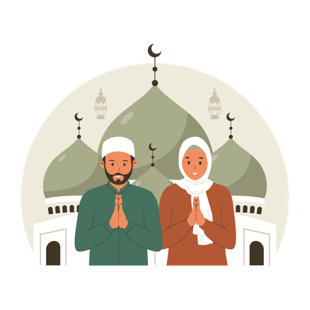 Ramadan mubarak greeting with people character  Illustration