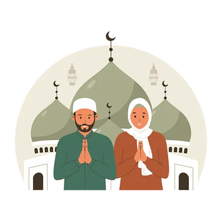 Ramadan mubarak greeting with people character  Illustration