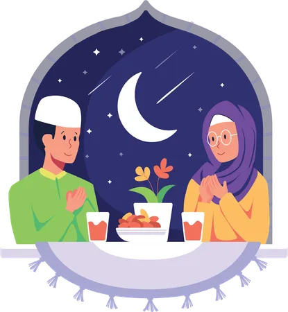 Pareja de Ramadán haciendo oración iftar  Ilustración