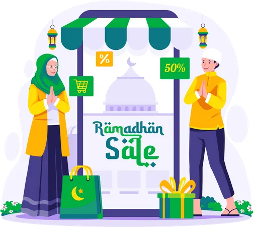 Ilustracion De Compras Y Ventas De Ramadan Hombre Musulman Y Una Mujer Cerca De Un Telefono Inteligente Gigante Ramadan Kareem Y Eid Mubarak Ilustracion De Vector De Concepto De Comercio Electronico Ilustración
