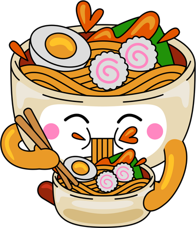 Personagem mascote do Ramen comendo Ramen  Ilustração