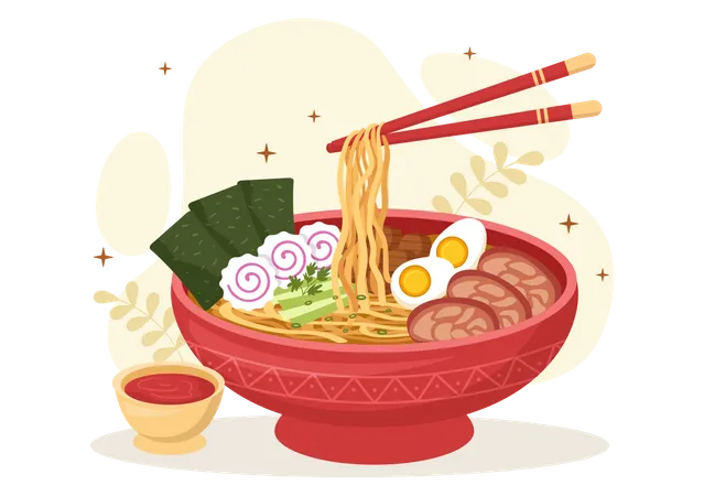Ramen Vector Illustration Of Japanese Food With Noodle Chopsticks Miso Soup Egg Boiled And Grilled Nori In Flat Cartoon Hand Drawn Templates イラスト